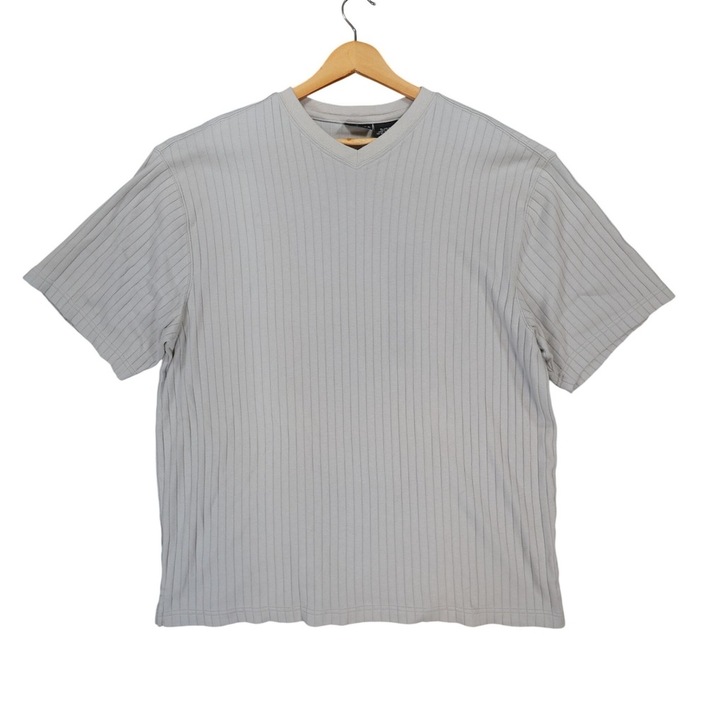 George V Neck T Shirt Mens XL Silver Excellent Ribbed Cotton Short Sleeve
